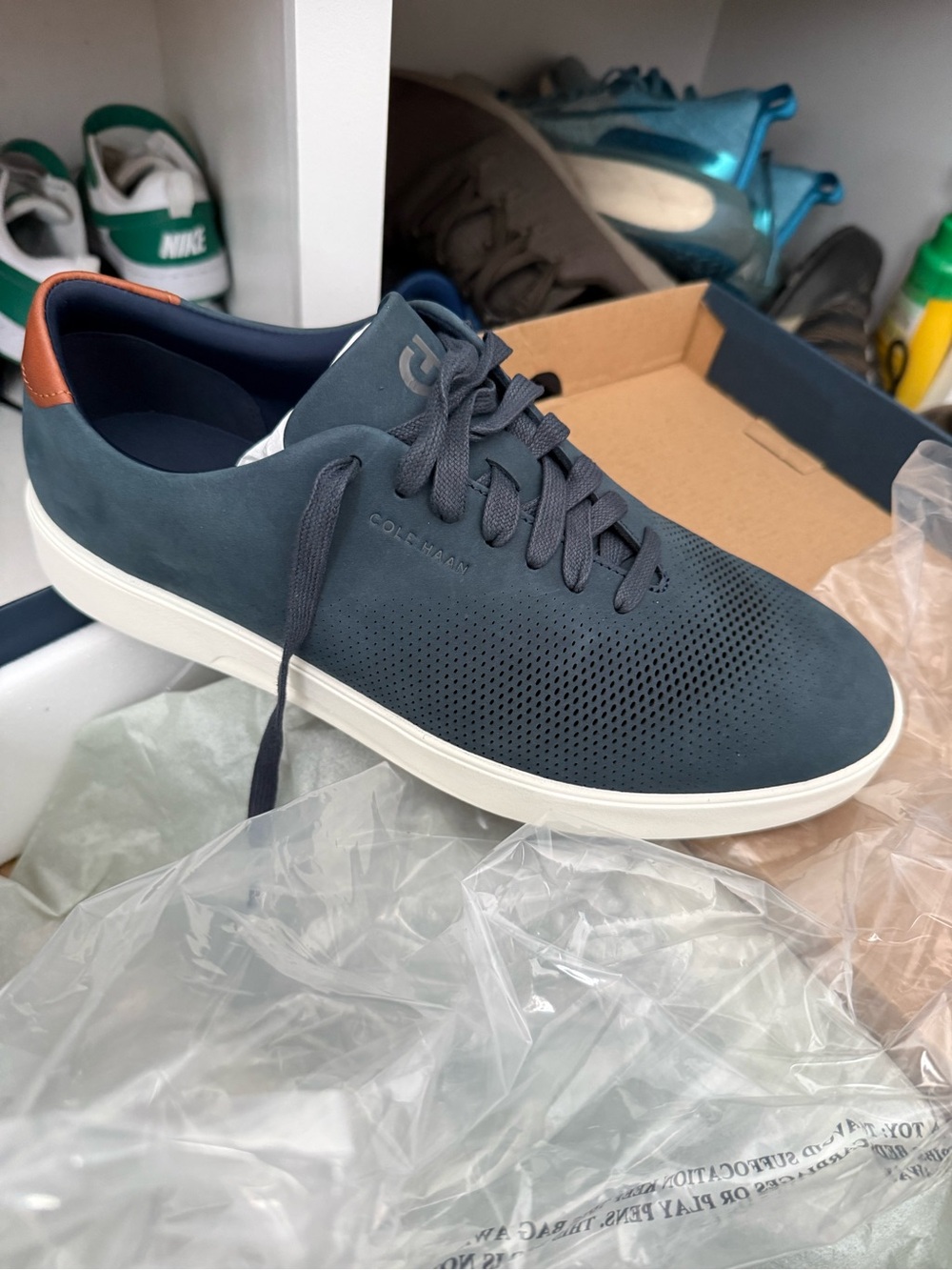 Cole Haan Navy Perforated Nubuck Sneaker with Tan Heel Accent (NIB)